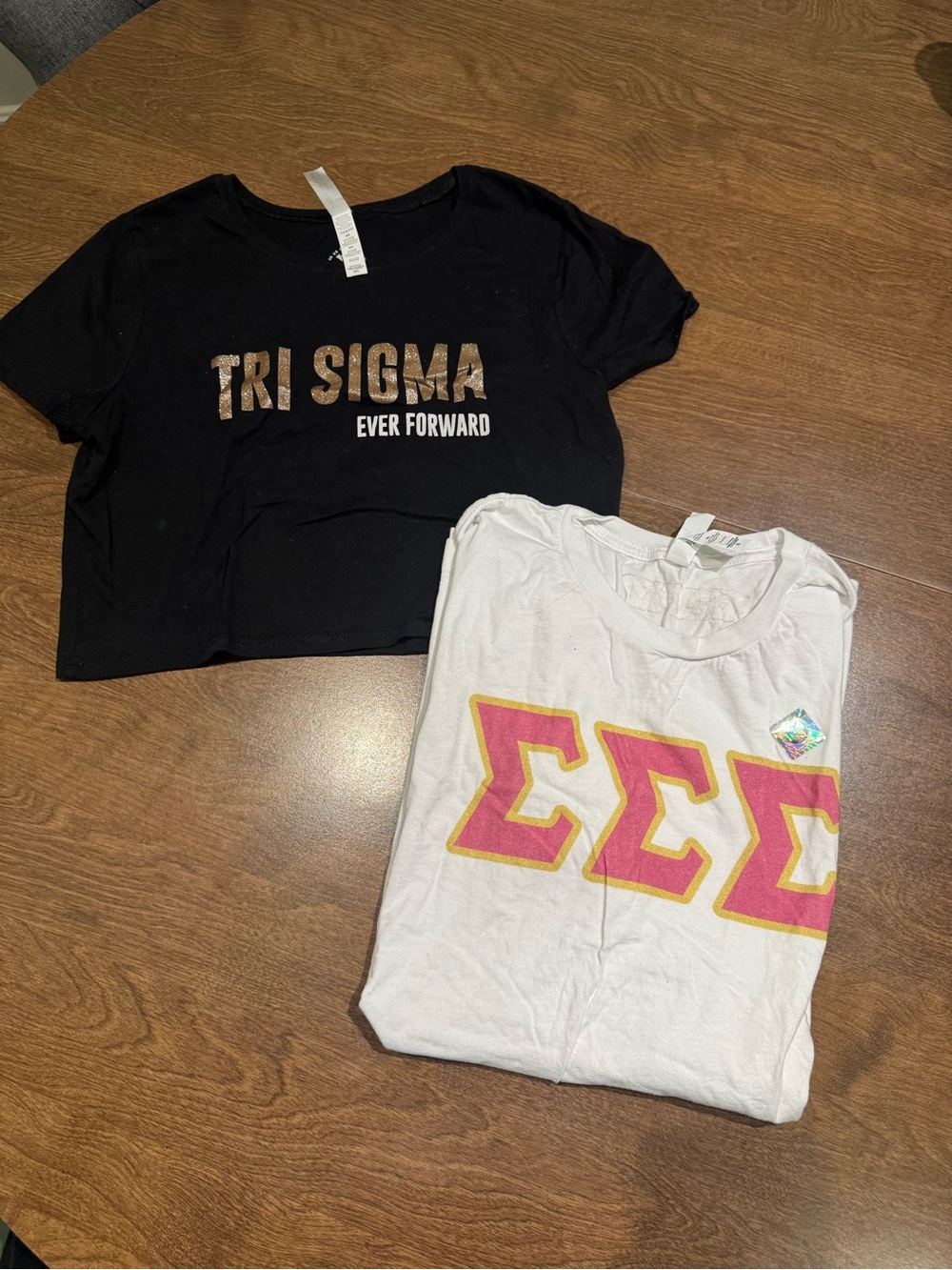 Black "Tri Sigma" Short Sleeve Crop Tee and White Tri Sigma tee